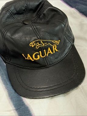 Jaguar Black Leather Baseball Cap with Gold Embroidered Logo